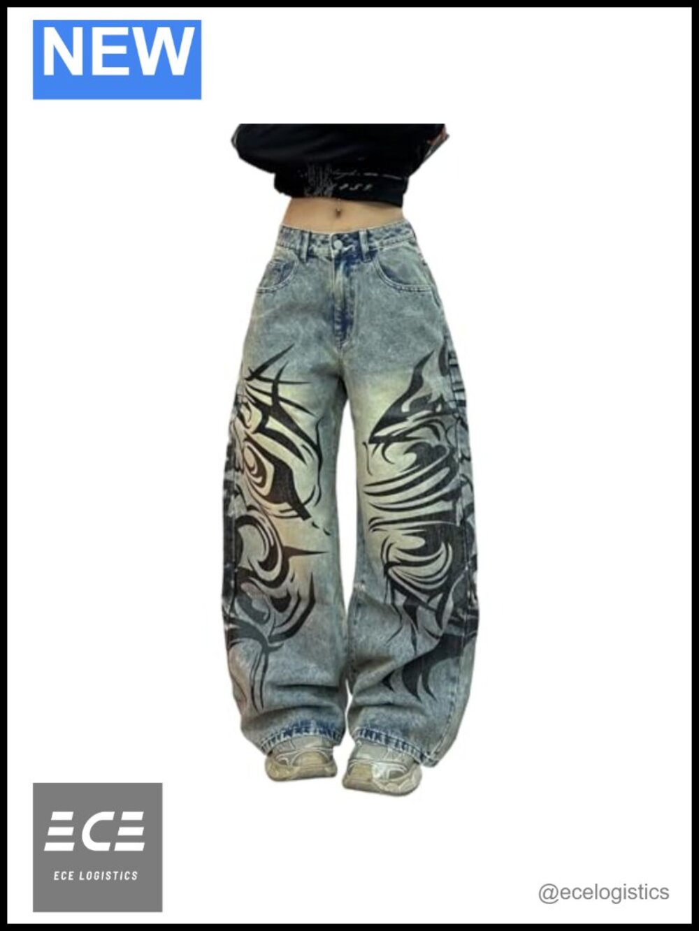 Womens Wide Leg Baggy Jeans Digital Print Y2K Streetwear